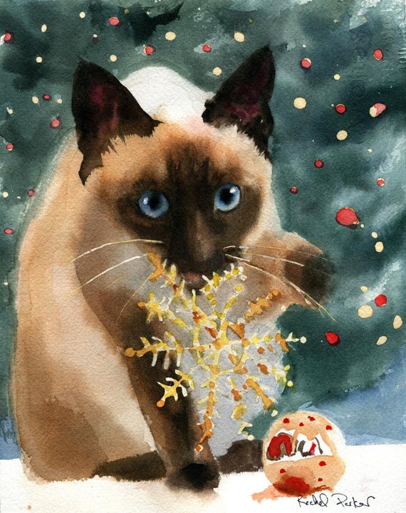 Christmas Siamese cat Art Print of a watercolor Painting Big