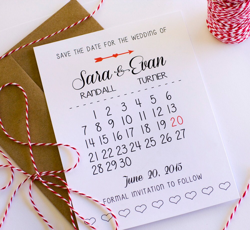 PRINTABLE Save The Date Calendar With Hearts And Arrow Typography PRINTABLE Save The Date Calendar With Hearts And Arrow Typography