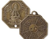 Yin yang buddha antiqued brass-finished pewter (tin-based allow) 25 mm coin charm-10- dangle drop exotic octagon coin in earthy tones