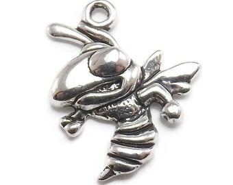 8 Hornet Charms Silver Tone Metal yellow jacket mascot bee (S330)