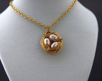 Bird's Nest Mother's Necklace, Gold nest with Pearl Eggs, Birthstone Necklace