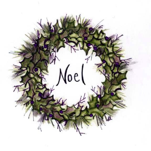 Christmas Cards Wreath Noel Holiday Original Art Purple and Green