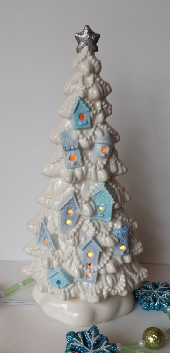Vintage Christmas Tree Birdhouse Design Ceramic With Lights in