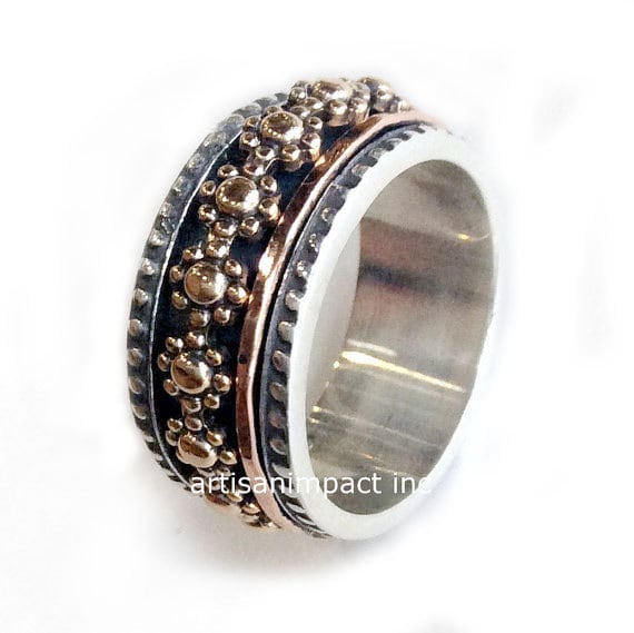 spinner band gold wedding silver band,  gold  band, wedding mixed ring band, silver floral  ring,