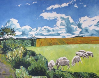 Art Original Large Landscape Oil Painting Pastural Sheep Cloud Country Road Impressionist Quebec Canada Fournier " The Sheep Along The Road