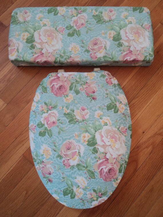Aqua & Dusty Pink Roses... Toilet Seat Cover Set