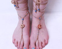 Barefoot sandals lace up anklet beads Boho Gypsy moon crescent full ...