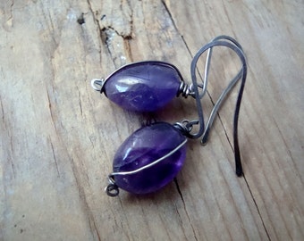 Large Amethyst Earrings - - Grape Fantasy. Wire Wrapped Jewelry Oxidized Sterling Silver February Birthstone Purple Earrings Gemstone