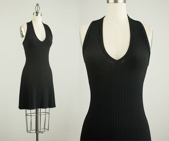 90s Vintage Ribbed Spandex Halter Dress  Size Large