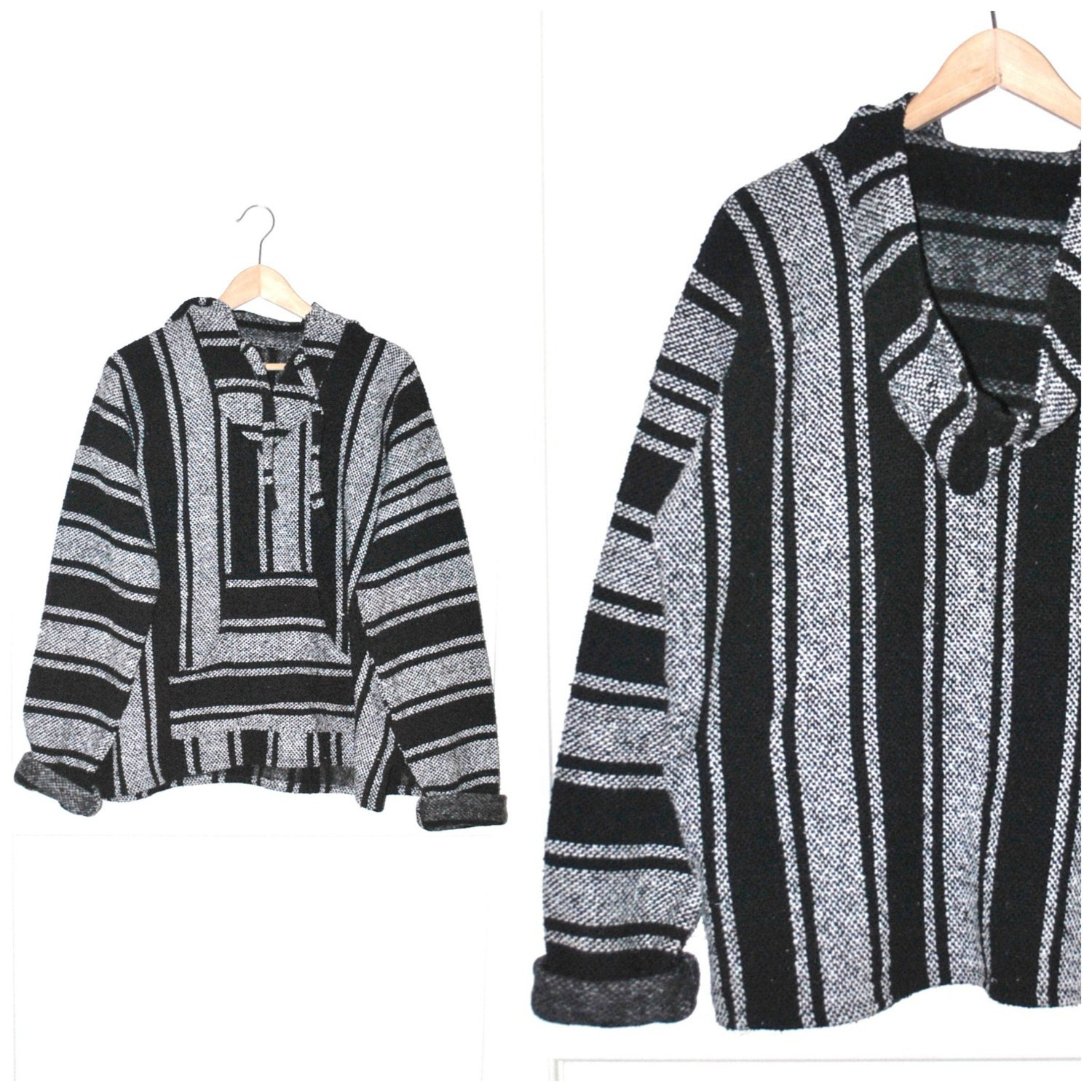 early 90s GRUNGE Baja pull over DRUG RUG vintage black grey