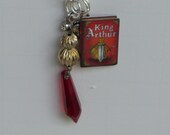 Personalized Key Chain, King Arthur Book Charm Keychain with Red Teardrop Bead, Silver Heart Charm add on Initial, Birthstone KAKC001