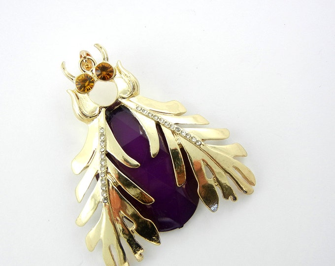 Large Gold-tone Beetle Pendant with Purple Acrylic Faceted Body Light Topaz Eyes