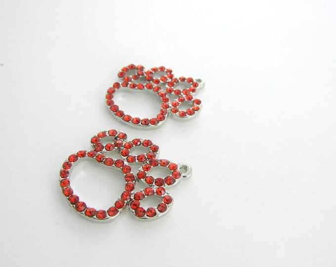 Pair of Outline Paw Print Charms Red Rhinestone