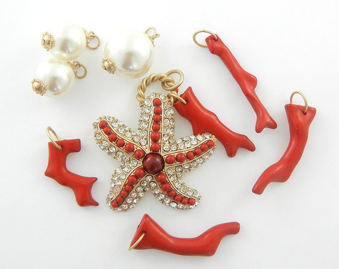 Set of Ocean Themed Starfish and Acrylic Coral and Faux Pearls Pendant and Charms
