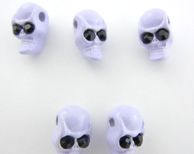 Set of 5 Small Lavender Painted Metal Skull Beads with Black Rhinestone Eyes