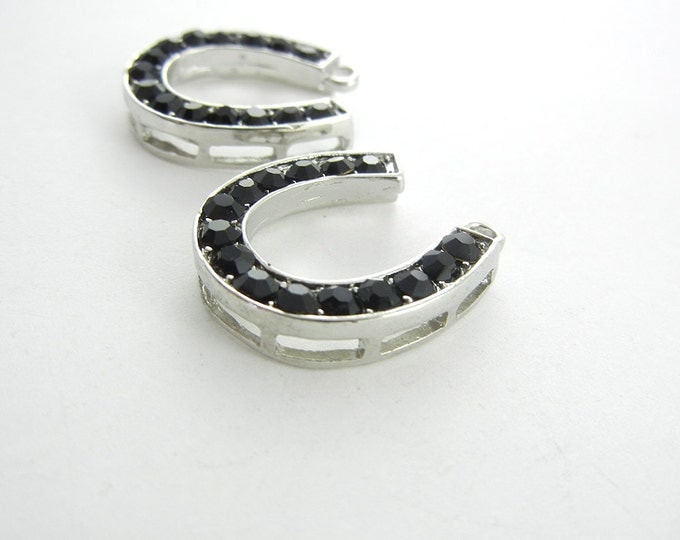 Pair of Black Rhinestone Horseshoe Charms Silver-tone