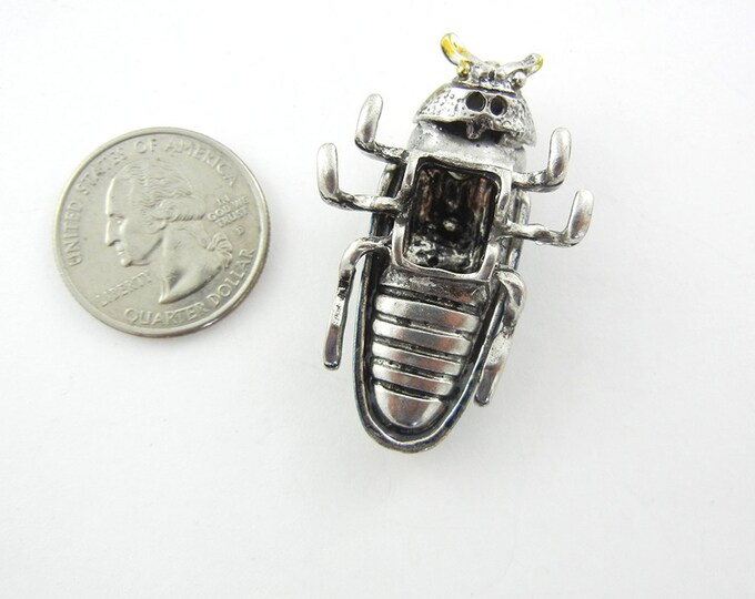 Antique Silver-tone Cockroach Slide Charm Rhinestone Accents Yellow Gold Wash