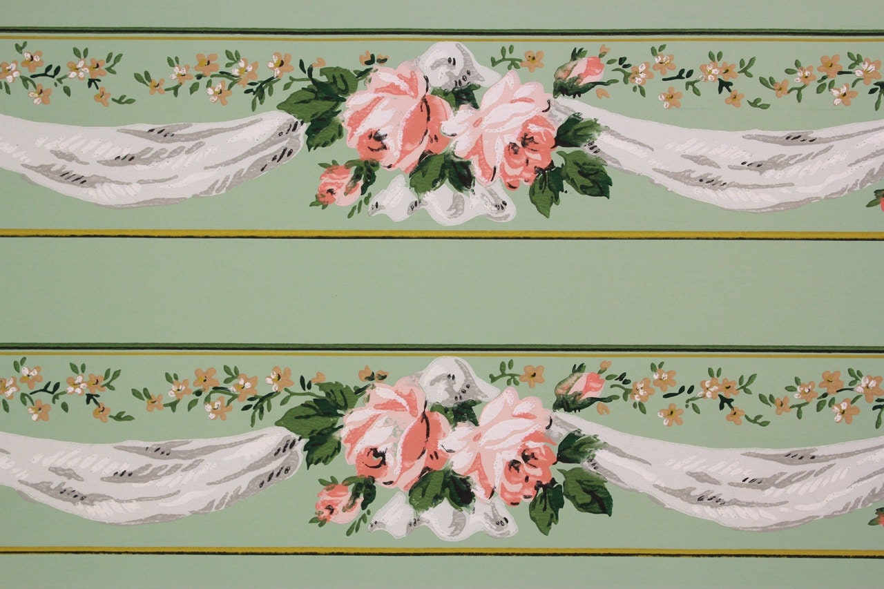 1940s Vintage  Wallpaper  Border  Pink and Yellow Roses with