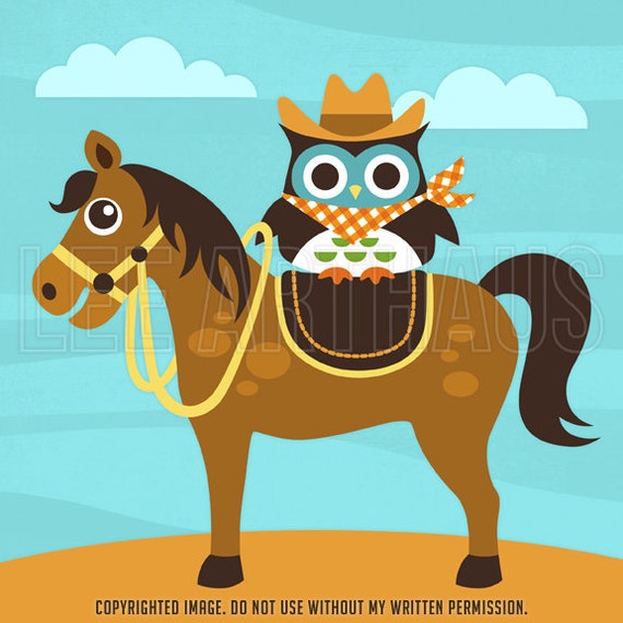 92B Bright Cowboy Owl on Horse 6x6 Print by leearthaus on Etsy