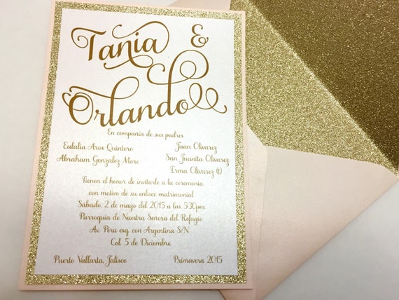 Gold shimmer wedding invitations