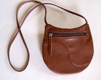 Brown Leather Purse - Crossbody Style Handbag- Medium Round Festival Bag