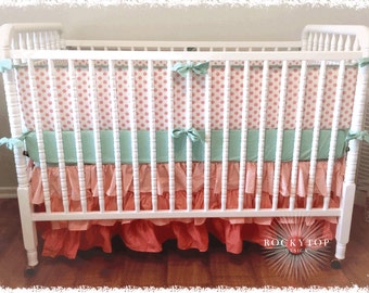 Coral and Mint Custom Crib Baby Bedding Set Ombre 2 or 3 Tier Ruffled Crib Skirt
