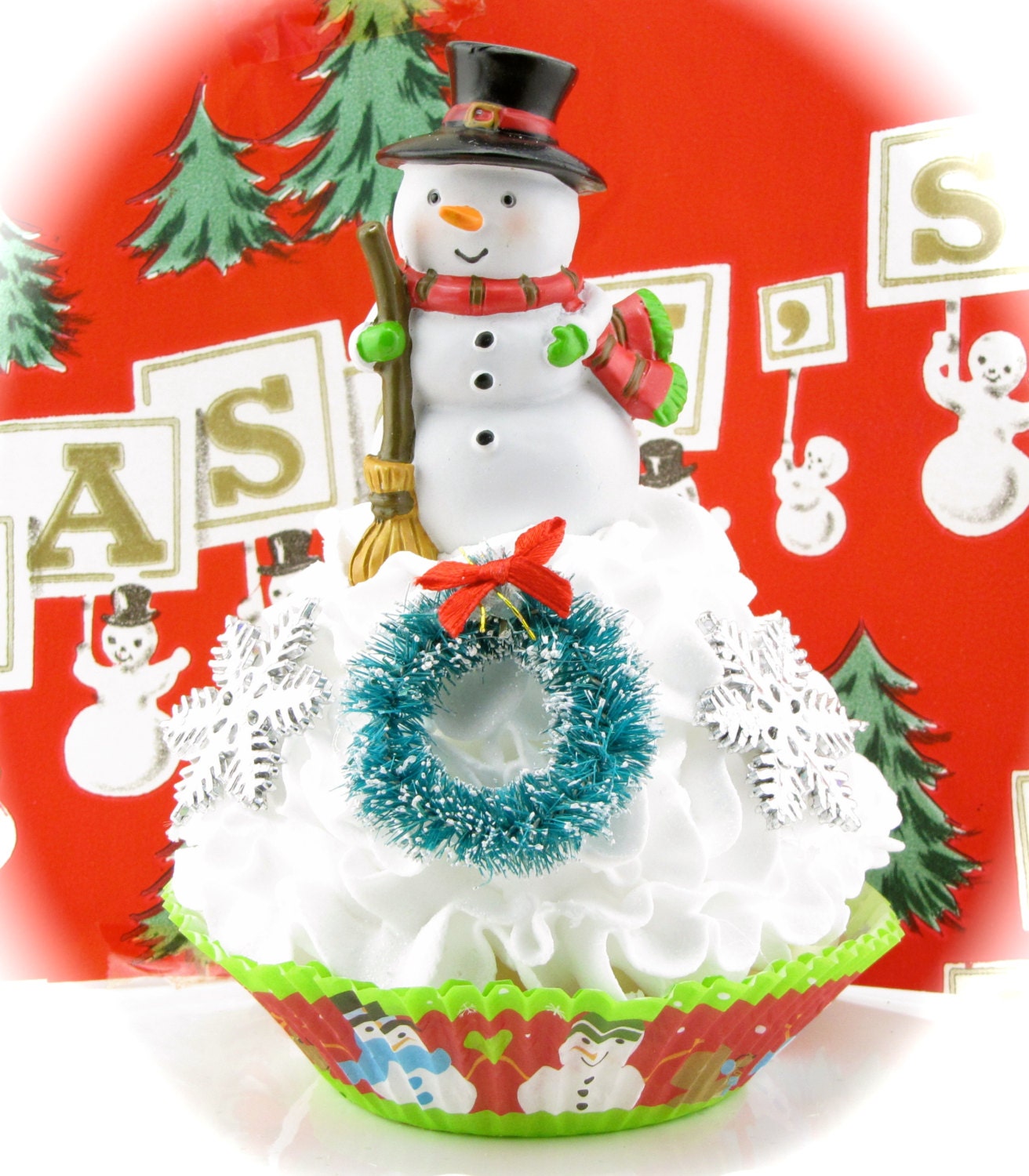 Snowman Fake Cupcake with Bottle Brush Wreath. Unique Christmas Centerpiece Decor. Limited Edition Snowman Lovers Gift. Ready to Ship