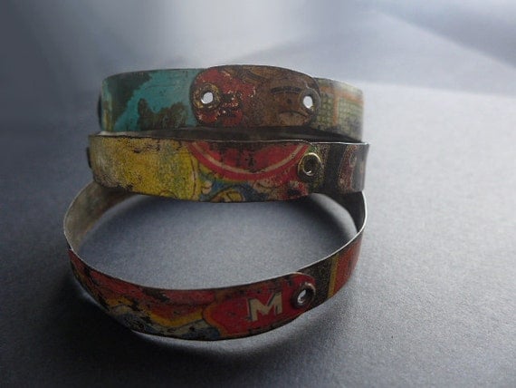 Bricolage 3. Riveted tin bangles. Set of three. Salvaged colorful vintage.