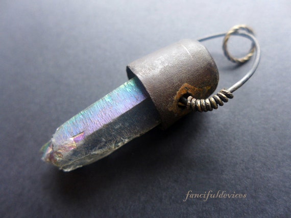 Thimble Crystal Talisman Pendant. Rustic cosmic assemblage art jewelry.