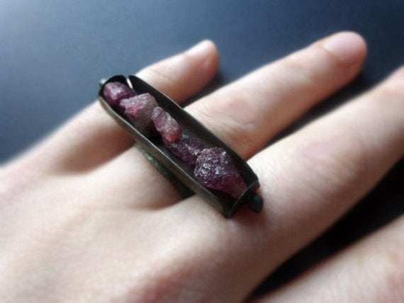 A Thousand Hearts. Rough raw RUBIES salvaged tin ring, horizontal.