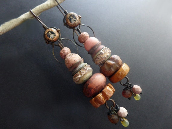 Hiraeth. Long rustic assemblage earrings in salmon peach.