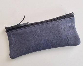 Soft Blue Leather Pencil Case / Makeup Pouch with Zipper
