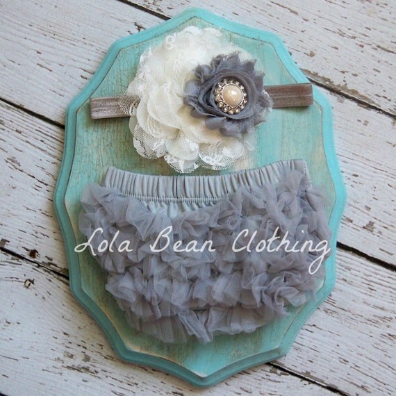 Baby Bloomers Ivory Grey Gray Flower Headband Set Newborn