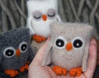 Adopt a Baby Owl ... angora eco wool felt owl nest brown white gray all three (3) (woolcrazy)