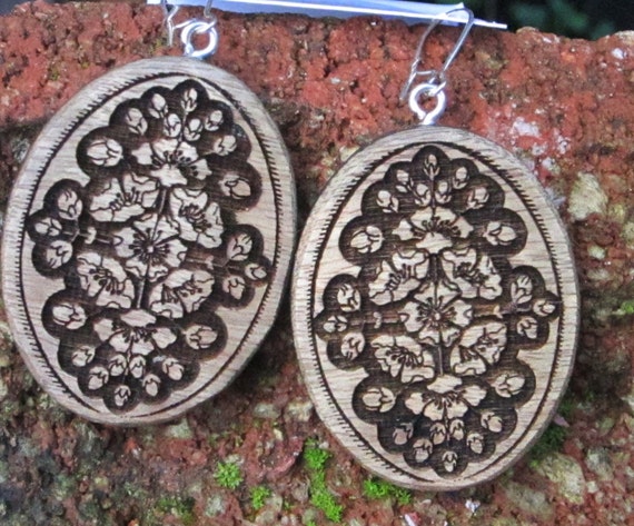 Wood Earrings- Flowers In  Wood (036)- Wooden Jewelry, Boho Jewelry