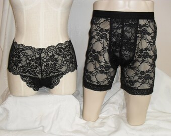 Couples Matching Black Lace Panties Boxers Underwear Set With a Feather Tickler