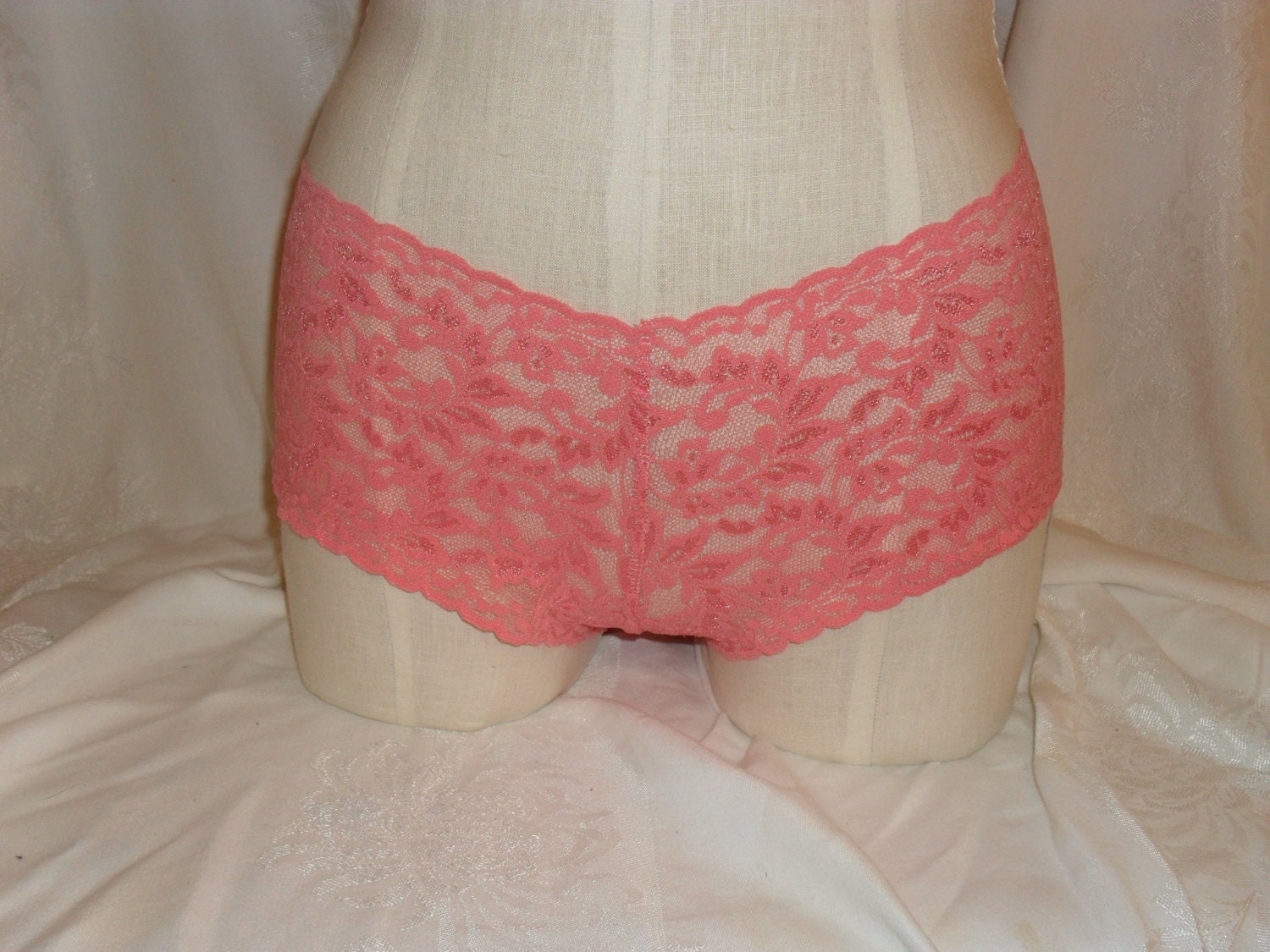 Boy Short Style Panties In Coral Pink Stretch Lace