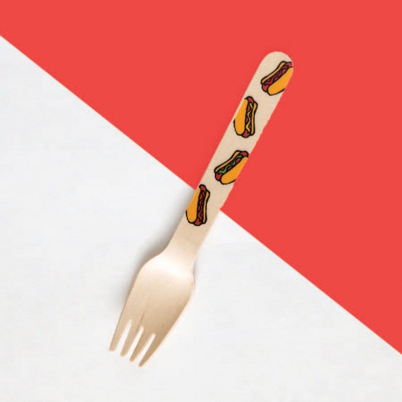 Items similar to Hot Dogs Set of 12 Wooden Utensils Forks Spoons
