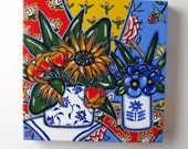 Red Cottage Chic Sunflowers Painting,  Original Acrylic on Canvas, Wall Decor,12 x 12, Pierre Deux, French Country, Home Decor