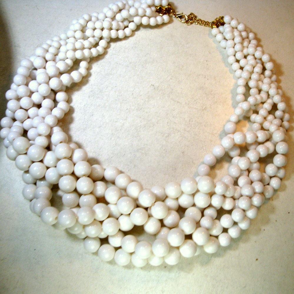 Bridal WHITE Thick Bead Necklace 6 Woven by VintageStarrBeads