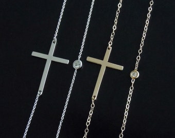 Kelly Cross Necklace in 14kt White or Yellow Gold with Diamond Bezel