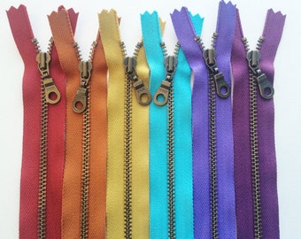 Metal Teeth Zippers- YKK Antique Brass Donut Pull Number 4.5s- 6 pc Jewel Tones Sampler Pack- Available in 4,5,7,9,11 and 14 inches