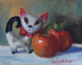 Oil Painting,Retro Cat And Red Apples,Still Life,Original Canvas Painting by Cheri Wollenberg