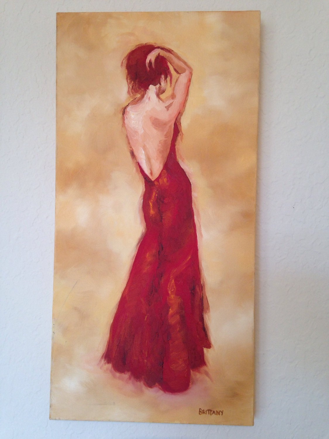 Painting Brittany lady in red dress acrylic