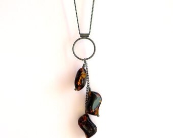 Natural Honey Amber Black Silver Necklace. Artisan Handmade