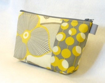 Amy Butler Fabric Large Cosmetic Bag Zipper Pouch Padded Makeup Bag Cotton Zip Pouch Optic Blossom Martini Mustard Yellow Gray Floral MTO