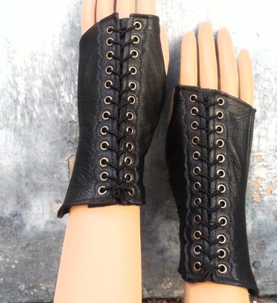 Steampunk Fingerless Gloves in Black Leather with Antiqued Brass Accent by VampieOodles steampunk buy now online