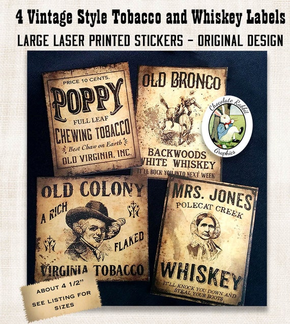 4 vintage style whiskey tobacco label stickers primitive