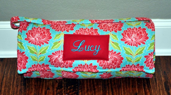 Nap Mat - Monogrammed Chantilly Wall Flowers in Blue Nap Mat with Red Double-sided Minky or Minky Dot Blanket