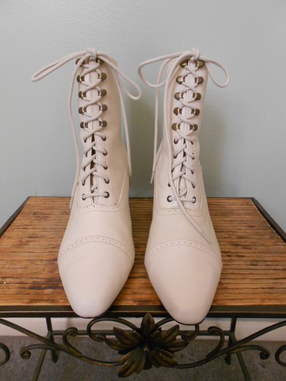 white lace up granny boots